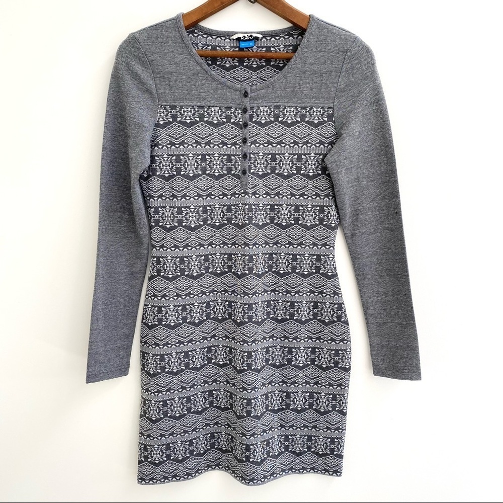 Kavu Blake gray long sleeve scoop neck dress Aztec southwestern print size XS